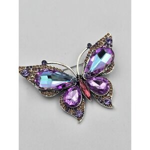 Stunning Crystal Butterfly Brooch Pin Purple Blue Pink Rhinestone Silver Tone